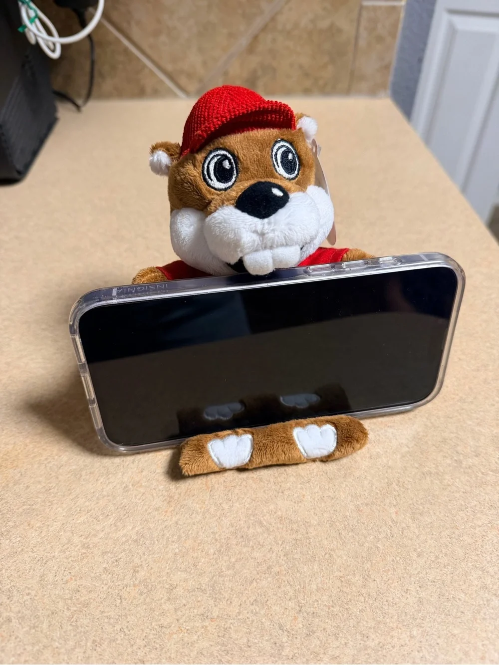 Plush Phone Holder in Brown and Red - Cute Desk Stand